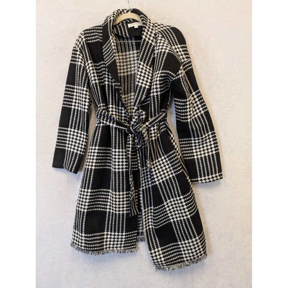 DOWNEAST Women's Black White Plaid Waffle Knit Duster Cardigan Jacket XS